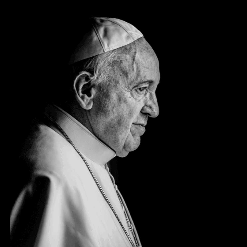 Pope Francis portrait from shoulders up looking to the right in black and white